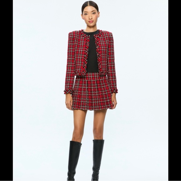 Alice and Olivia Red Plaid Tweed Jacket and Skirt Set - Picture 2 of 8